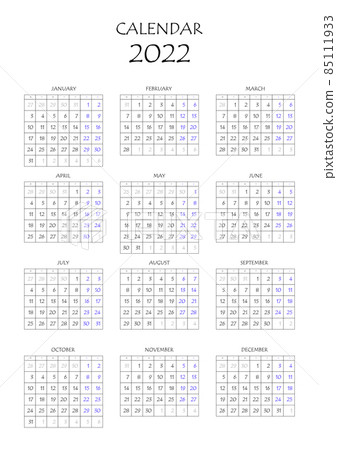 2022 calendar planner. Corporate week. Template layout, 12 months yearly, white background. Simple design for business brochure, flyer, print media, advertisement. Week starts from Monday 2022 calendar planner. Corporate week. Template layout, 12 months yearly, white background. Simple design for business brochure, flyer, print media, advertisement. Week starts from Monday 85111933