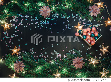 Christmas and new year wooden background with symbolic decoration 85112430