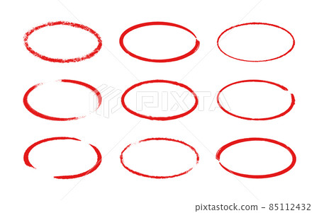 Ink oval frame. Grunge empty red boxes set. Ellipse borders collections. Rubber stamp imprint. Hand drawn vector illustration isolated on white background 85112432