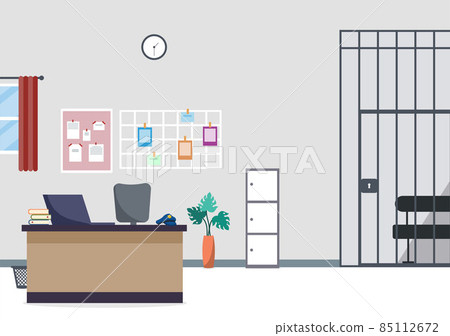 Police Station Department Building with Investigation Bureau Room Interior, Prison Cell and Office Furniture in Flat Style Background Illustration 85112672