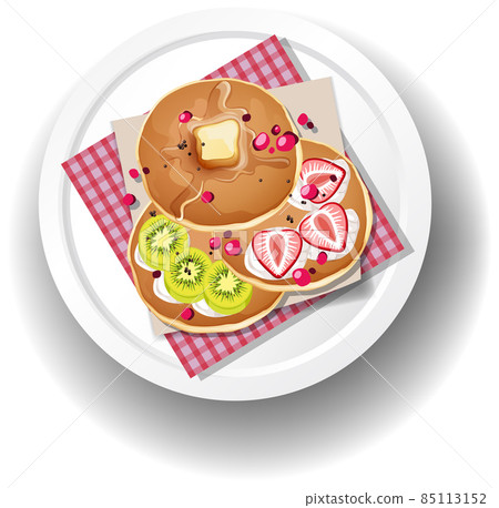 Pancake with mixed fruits on white plate 85113152