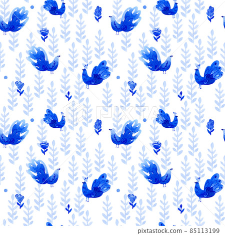 Seamless watercolor pattern of folk birds and flowers. The illustration is executed in naive style in ultramarine color. Seamless watercolor pattern of folk birds and flowers. The illustration is executed in naive style in ultramarine color. 85113199