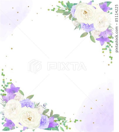 美麗的白玫瑰花和紫色花邀請垂直水彩風格框架矢量插圖素材 85114225