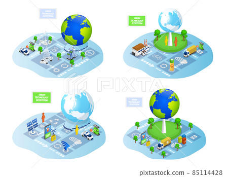 Generating electricity using green technologies illustrations set. Alternative energy producing Generating electricity using green technologies illustrations set. Alternative energy producing 85114428