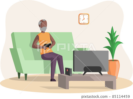 Old man sitting on couch plays video games on tv. Senior person with gamepad playing on console 85114459
