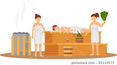 Sauna and steam room. Set of people in sauna. People relax and steam with birch brooms in banya Sauna and steam room. Set of people in sauna. People relax and steam with birch brooms in banya 85114575