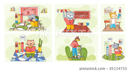 Design a new carpet concept. Cartoon character standing in childrens room with different rugs Design a new carpet concept. Cartoon character standing in childrens room with different rugs 85114733