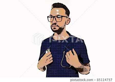 a serious doctor in glasses and blue uniform holds a stethoscope, looks to the left a serious doctor in glasses and blue uniform holds a stethoscope, looks to the left 85114737