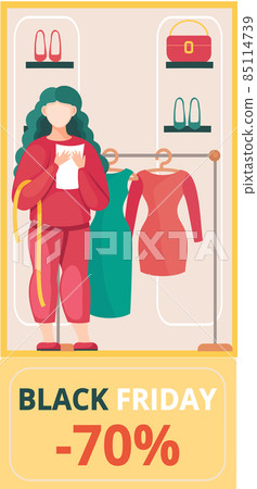 Women in clothing store on black friday. Seasonal discount offers, clothes on sale. Closeout in shop Women in clothing store on black friday. Seasonal discount offers, clothes on sale. Closeout in shop 85114739