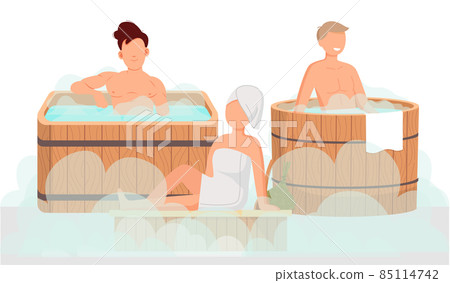Sauna and steam room. Set of people in sauna. People relax and steam with birch brooms in banya Sauna and steam room. Set of people in sauna. People relax and steam with birch brooms in banya 85114742