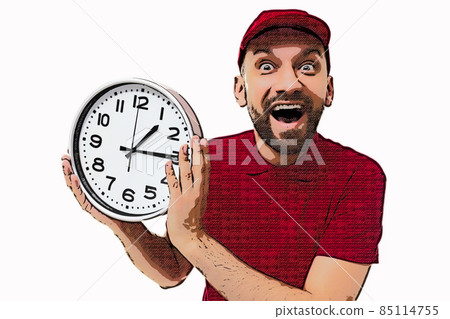 charismatic courier holding a watch with a smile on his face in a red t-shirt and a cap on a white charismatic courier holding a watch with a smile on his face in a red t-shirt and a cap on a white 85114755