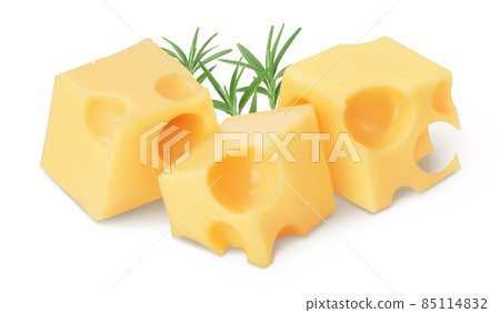 cubes of cheese isolated on white background with clipping path and full depth of field 85114832