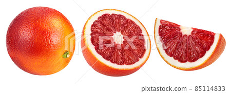 Blood red oranges isolated on white background. Top view. Flat lay. Set or collection Blood red oranges isolated on white background. Top view. Flat lay. Set or collection 85114833