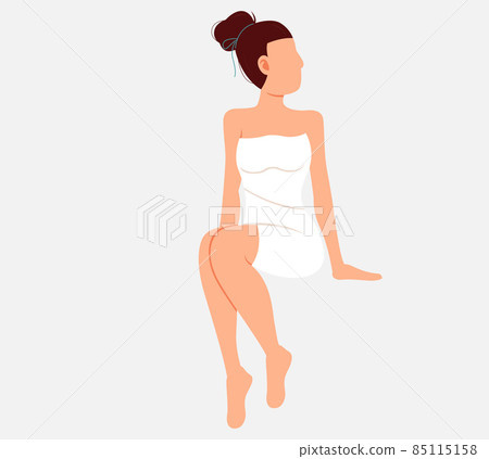 Woman sitting and relaxing in sauna isolated on white. Lady wrapped in white towel in banya 85115158
