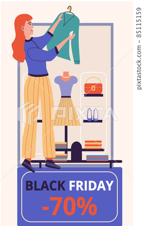 Women in clothing store on black friday. Seasonal discount offers, clothes on sale. Closeout in shop Women in clothing store on black friday. Seasonal discount offers, clothes on sale. Closeout in shop 85115159