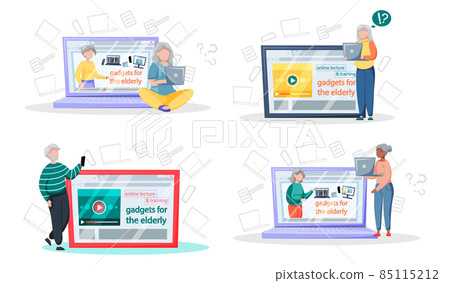 Online lecture and training gadgets for old people, modern means of  communication. Pensioner and modern digital technology concept. Oldster  education on computer. Seniors learning to work with laptop Stock Vector