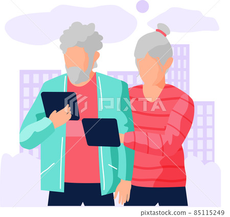Elderly couple communicate through gadget. Old people try to use tablet and surf internet together 85115249
