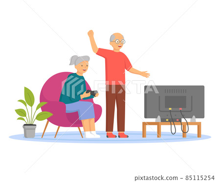 Old man and woman playing video games on playstation together. Elderly couple playing with gamepad 85115254