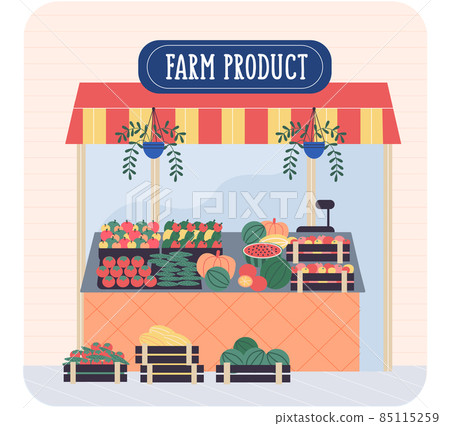 Farm product small street shop, family business. Vegetables and fruits in boxes. Farmer s market 85115259
