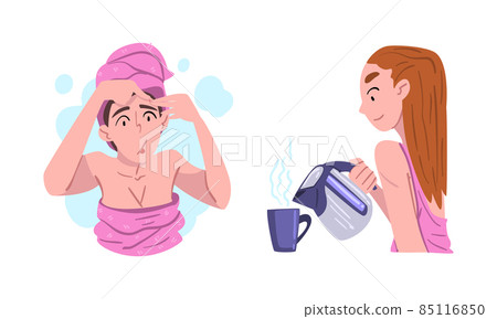 Young Woman with Towel on Her Head Grooming and Brewing Hot Tea in the Morning Engaged in Daily Routine Activity Vector Set Young Woman with Towel on Her Head Grooming and Brewing Hot Tea in the Morning Engaged in Daily Routine Activity Vector Set 85116850