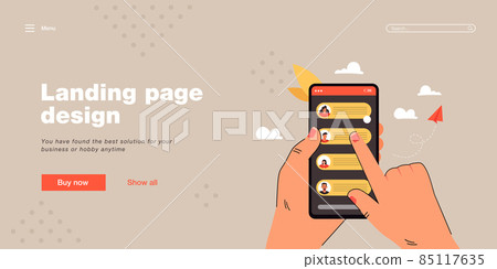 Hand holding mobile phone with chat messages Hand holding mobile phone with chat messages 85117635