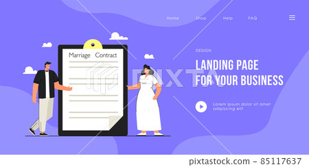 Groom and bride standing next to folder with marriage contract Groom and bride standing next to folder with marriage contract 85117637