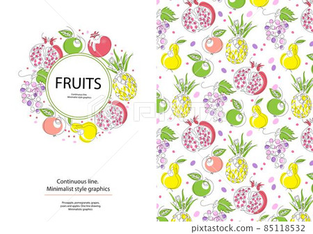 The fruits are drawn with a single line. Pineapple, grapes, pomegranate, apple, pear. 85118532