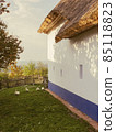 Traditional village house with a garden in the Moravian countryside from the 19th century. Straw roof, 85118823
