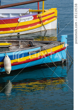 View from beach at Mediterranean seaside town of Banyuls sur Mer, Pyrenees Orientales department 85119138