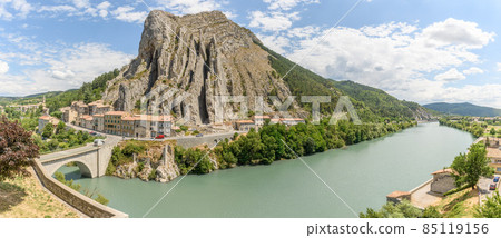The Rocher de La Baume above the Durance at Sisteron in Provence. Panorama, panoramic. France, Europe. Print, poster, HD. The Rocher de La Baume above the Durance at Sisteron in Provence. Panorama, panoramic. France, Europe. Print, poster, HD. 85119156