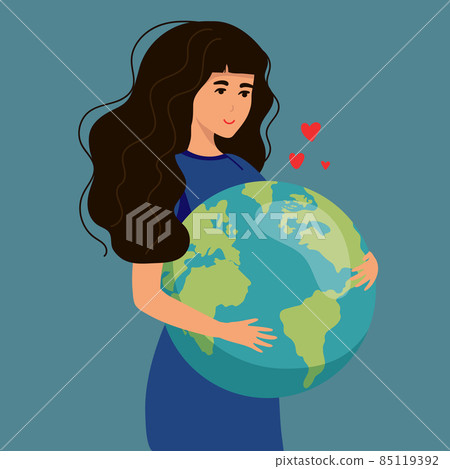 Young woman or girl embraces green planet Earth with care, love. Vector illustration of Earth day and saving planet. Environment conservation, energy saving concept. flat on blue 85119392
