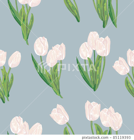 white tulips on blue background. Watercolor seamless pattern with spring flowers. 85119393