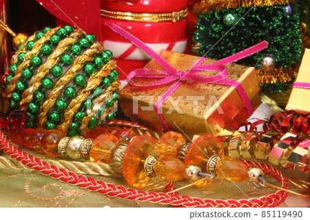 Christmas Decorations Bows, Balls and Beads Close up Christmas Decorations Bows, Balls and Beads Close up 85119490