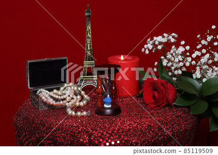 Pearls With Red Rose and Eiffel Tower on Red Velvet Pearls With Red Rose and Eiffel Tower on Red Velvet 85119509