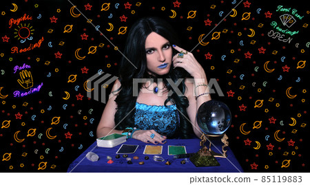 Psychic Tarot Card Reader With Neon Signs Psychic Tarot Card Reader With Neon Signs 85119883