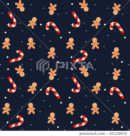 Seamless dark blue pattern with Christmas candies and gingerbread. Vector illustration. Background for wrapping paper, fabric print, garment print, greeting card design 85120678