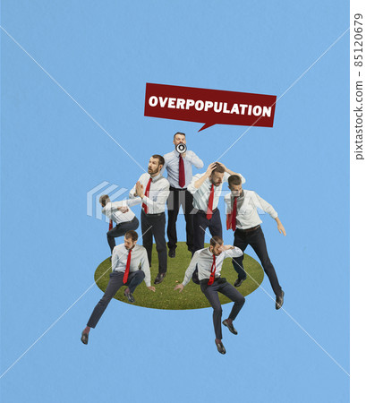 Contemporary artwork. Seven men standing on tiny piece of land isolated on blue background. Overpopulation concept 85120679