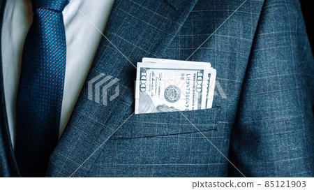 Us dollar. Rich businessman holding hundred dollars of America. Money usd bill background. 85121903