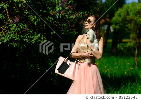 Puppy white dog with it's owner. Concept about friendship, animal and freedom. Puppy white dog with it's owner. Concept about friendship, animal and freedom. 85122545