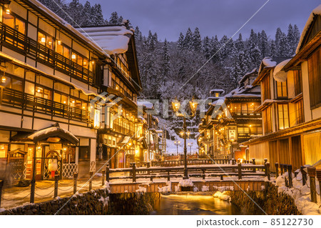 Scenery of Ginzan Onsen Obanazawa City, Yamagata Prefecture, on a winter night with snow Scenery of Ginzan Onsen Obanazawa City, Yamagata Prefecture, on a winter night with snow 85122730