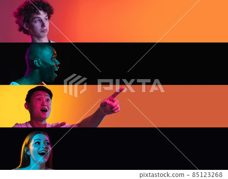 Collage of portrait of three young boys and a girl posing isolated over multicolored background. Vertical narrow stripes. 85123268