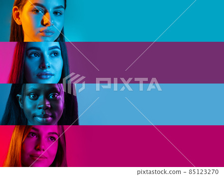 Collage of vertical portraits of young beautiful women posing isolated over multicolored background in neon lights 85123270