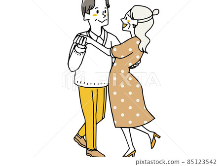 享受時尚和舞蹈的一對老夫婦 時尚和快樂的生活方式 一個人線條鬆散的插圖 85123542