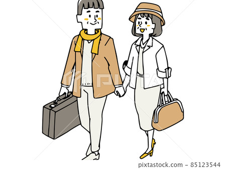 一對享受時尚旅行的老年夫婦，享受幸福的生活方式，一個人的鬆散線條 85123544