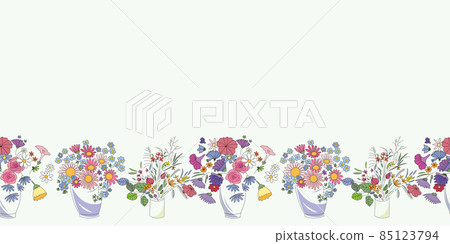 Flower bouquet seamless vector border. Repeating horizontal pattern vases with various flowers. Flower bouquet seamless vector border. Repeating horizontal pattern vases with various flowers. 85123794