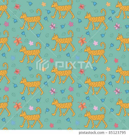 Dynamic seamless pattern with happy dog on turquoise background. Hand drawn doodle style vector illustration. Dynamic seamless pattern with happy dog on turquoise background. Hand drawn doodle style vector illustration. 85123795