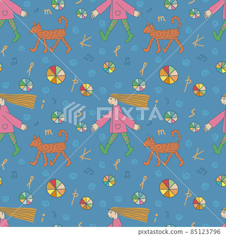 Dynamic seamless pattern with girl and dog on blue background. Hand drawn doodle style vector illustration. 85123796