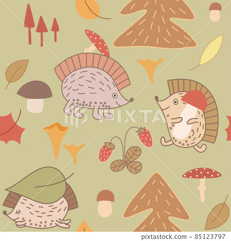 Hand drawn seamless pattern with Hedgehogs, leaves, firs, mushrooms. Hand drawn seamless pattern with Hedgehogs, leaves, firs, mushrooms. 85123797