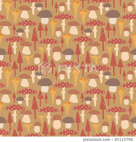 Mushrooms endless background. Decorative seamless pattern on yellow background. Mushrooms endless background. Decorative seamless pattern on yellow background. 85123798