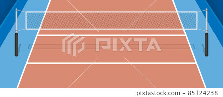 Volleyball court with net, parquet floor and markings lines. Volleyball playground top view. Sports ground for active recreation. Vector Volleyball court with net, parquet floor and markings lines. Volleyball playground top view. Sports ground for active recreation. Vector 85124238